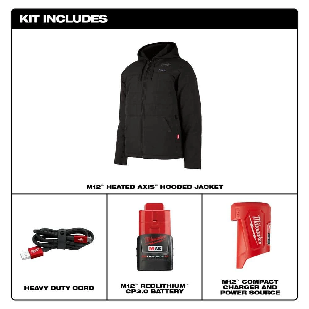Milwaukee Men's Large M12 12-Volt Lithium-Ion Cordless AXIS Black Heated Hooded Jacket Kit with One 3.0Ah Battery and Charger 3 Milwaukee Men's Large M12 12-Volt Lithium-Ion Cordless AXIS Black Heated Hooded Jacket Kit with One 3.0Ah Battery and Charger - Image 3