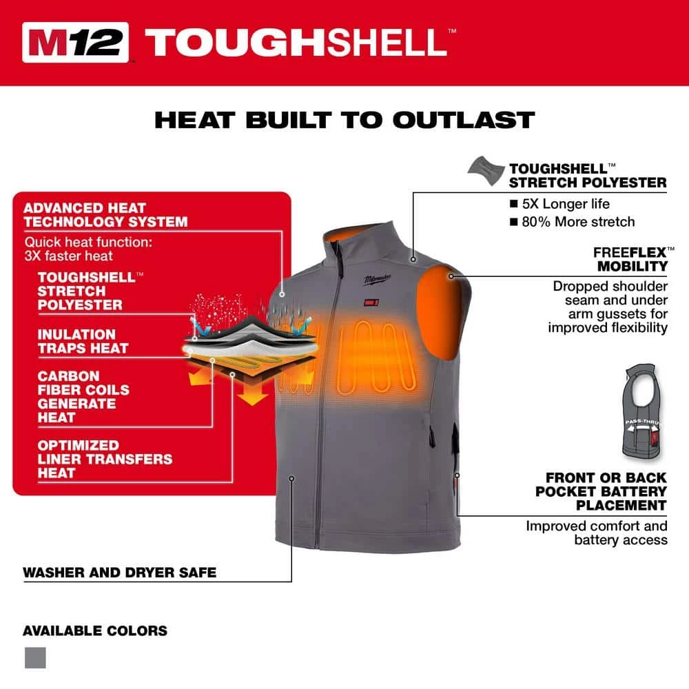 Milwaukee Men's Medium M12 12V Lithium-Ion Cordless TOUGHSHELL Gray Heated Vest (Vest Only) 4 Milwaukee Men's Medium M12 12V Lithium-Ion Cordless TOUGHSHELL Gray Heated Vest (Vest Only) - Image 4