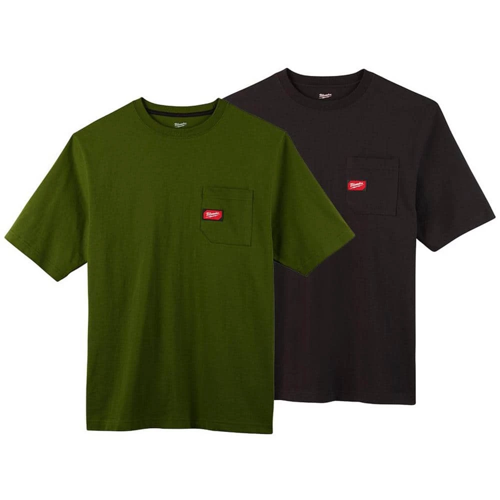 Milwaukee Men's Large Olive Green and Black Heavy-Duty Cotton/Polyester Short-Sleeve Pocket T-Shirt (2-Pack) 1 Milwaukee Men's Large Olive Green and Black Heavy-Duty Cotton/Polyester Short-Sleeve Pocket T-Shirt (2-Pack)