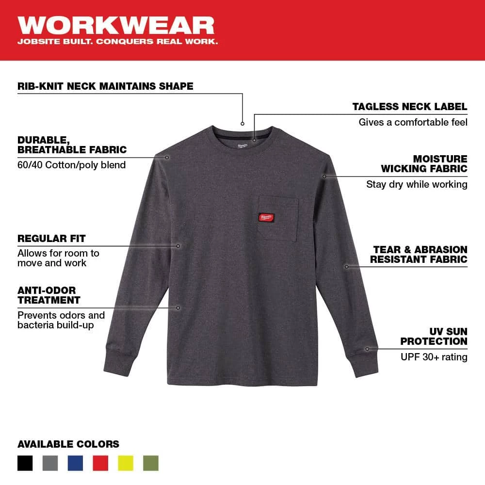 Milwaukee Men's Large Black and Gray Heavy-Duty Cotton/Polyester Long-Sleeve Pocket T-Shirt (2-Pack) 3 Milwaukee Men's Large Black and Gray Heavy-Duty Cotton/Polyester Long-Sleeve Pocket T-Shirt (2-Pack) - Image 3