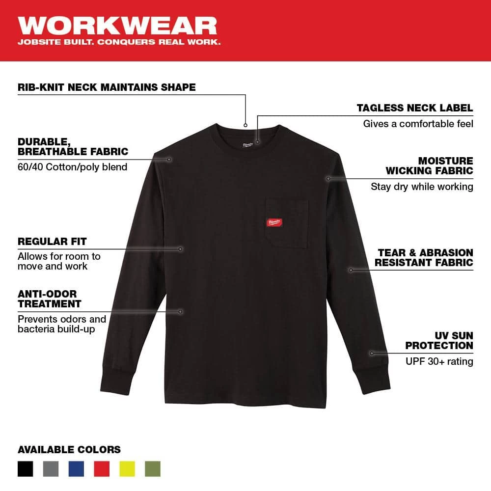 Milwaukee Men's Large Black Heavy-Duty Cotton/Polyester Long-Sleeve Pocket T-Shirt (2-Pack) 3 Milwaukee Men's Large Black Heavy-Duty Cotton/Polyester Long-Sleeve Pocket T-Shirt (2-Pack) - Image 3