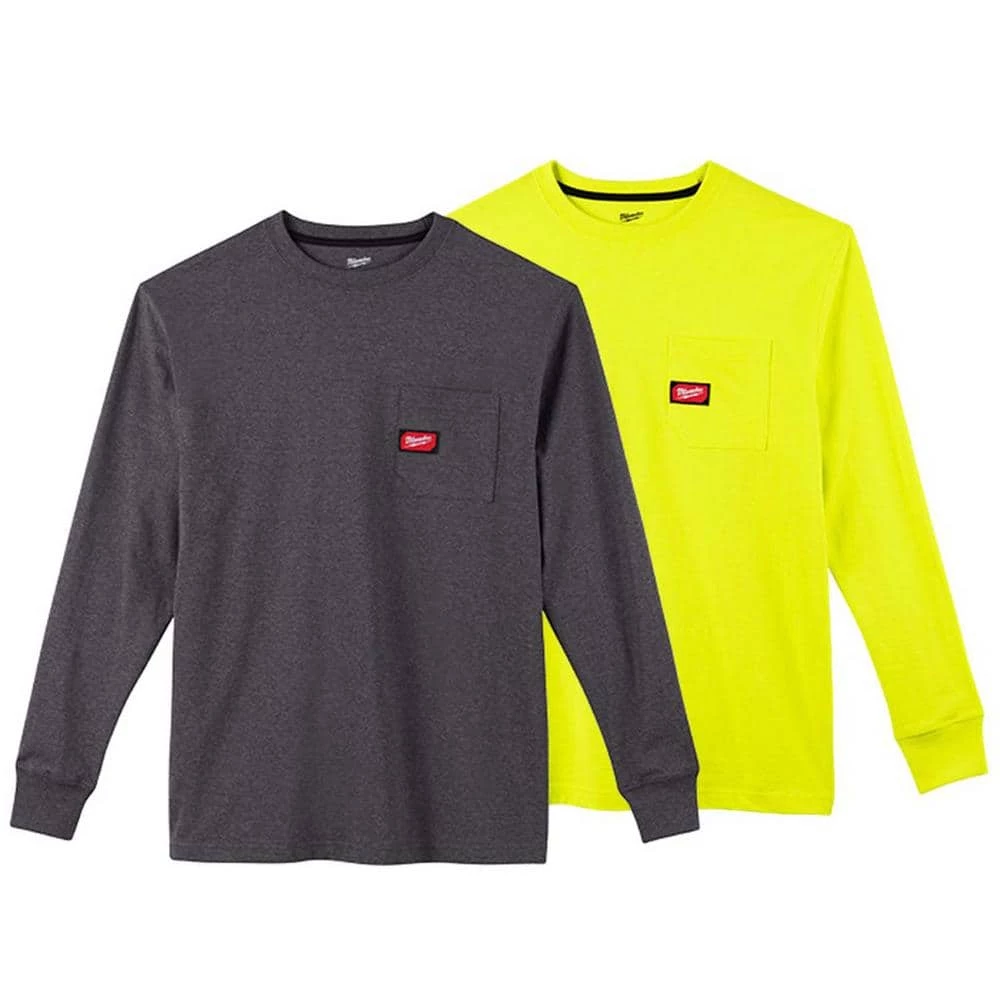 Milwaukee Men's Small Gray and High Visibility Heavy-Duty Cotton/Polyester Long-Sleeve Pocket T-Shirt (2-Pack) 1 Milwaukee Men's Small Gray and High Visibility Heavy-Duty Cotton/Polyester Long-Sleeve Pocket T-Shirt (2-Pack)