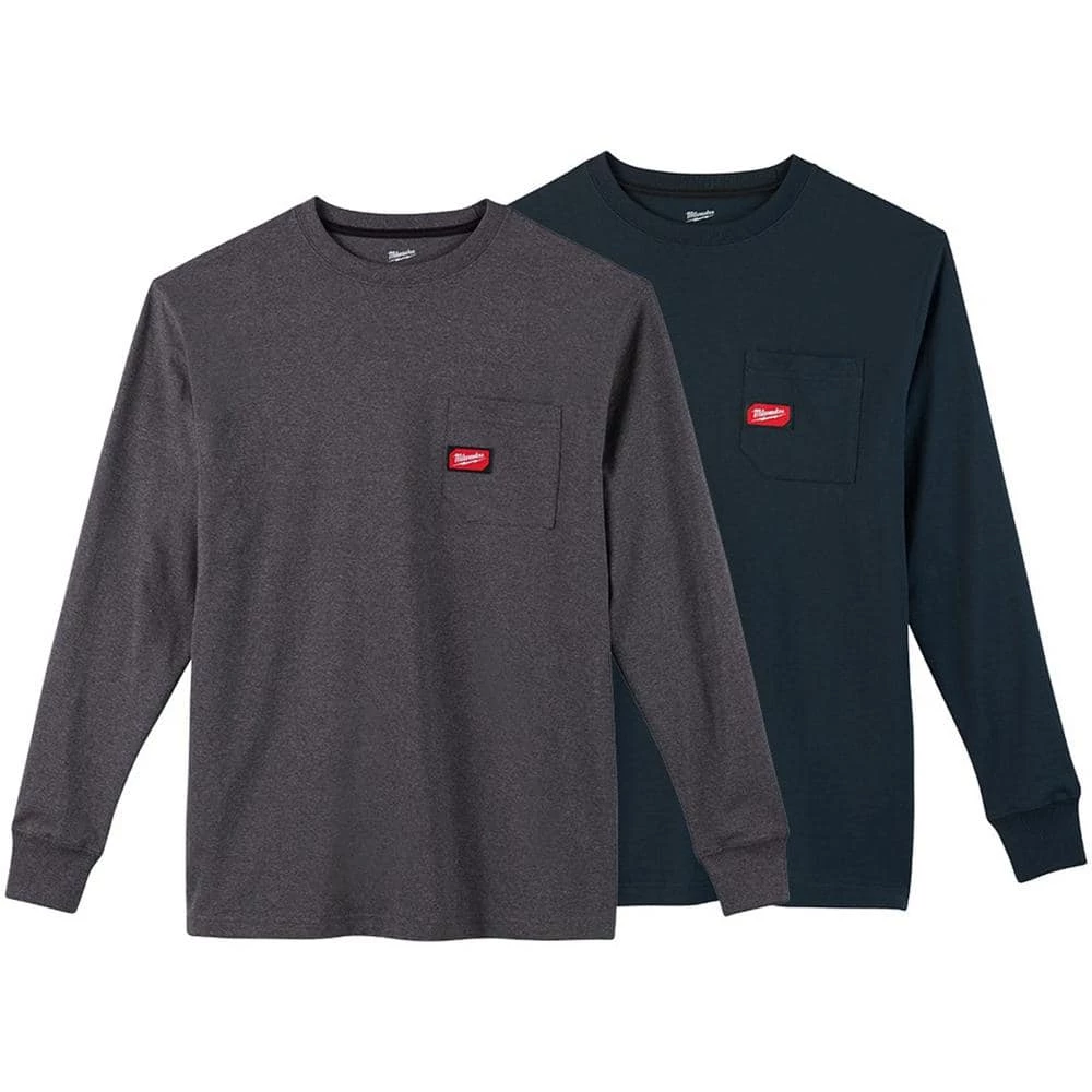 Milwaukee Men's X-Large Gray and Blue Heavy-Duty Cotton/Polyester Long-Sleeve Pocket T-Shirt (2-Pack) 1 Milwaukee Men's X-Large Gray and Blue Heavy-Duty Cotton/Polyester Long-Sleeve Pocket T-Shirt (2-Pack)
