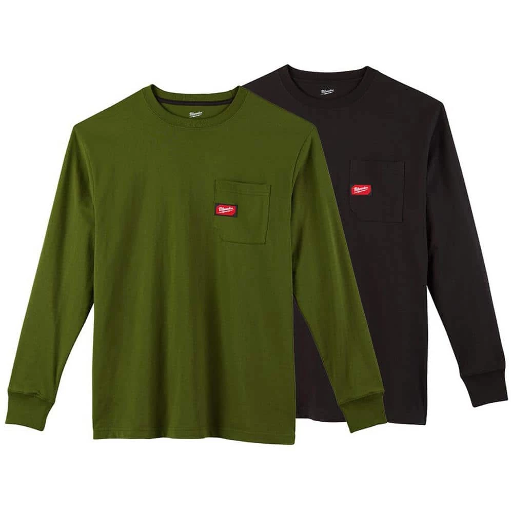 Milwaukee Men's Large Olive Green and Black Heavy-Duty Cotton/Polyester Long-Sleeve Pocket T-Shirt (2-Pack) 1 Milwaukee Men's Large Olive Green and Black Heavy-Duty Cotton/Polyester Long-Sleeve Pocket T-Shirt (2-Pack)