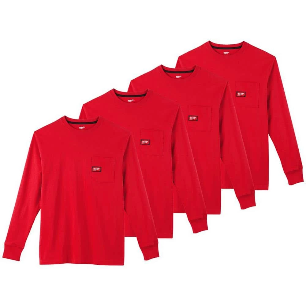 Milwaukee Men's Small Red Heavy-Duty Cotton/Polyester Long-Sleeve Pocket T-Shirt (4-Pack) 1 Milwaukee Men's Small Red Heavy-Duty Cotton/Polyester Long-Sleeve Pocket T-Shirt (4-Pack)