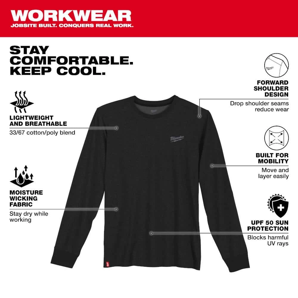 Milwaukee Men's X-Large Black Cotton/Polyester Long-Sleeve Hybrid Work T-Shirt 3 Milwaukee Men's X-Large Black Cotton/Polyester Long-Sleeve Hybrid Work T-Shirt - Image 3