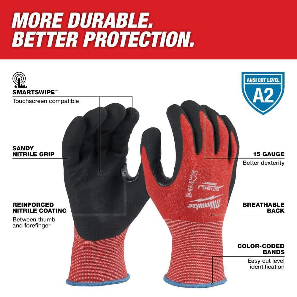 Milwaukee Medium Red Nitrile Level 2 Cut Resistant Dipped Work Gloves 3 Milwaukee Medium Red Nitrile Level 2 Cut Resistant Dipped Work Gloves - Image 3