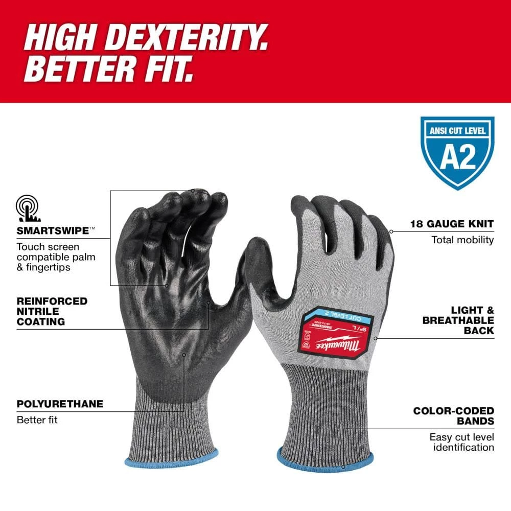 Milwaukee Large High Dexterity Cut 2 Resistant Polyurethane Dipped Work Gloves 2 Milwaukee Large High Dexterity Cut 2 Resistant Polyurethane Dipped Work Gloves - Image 2