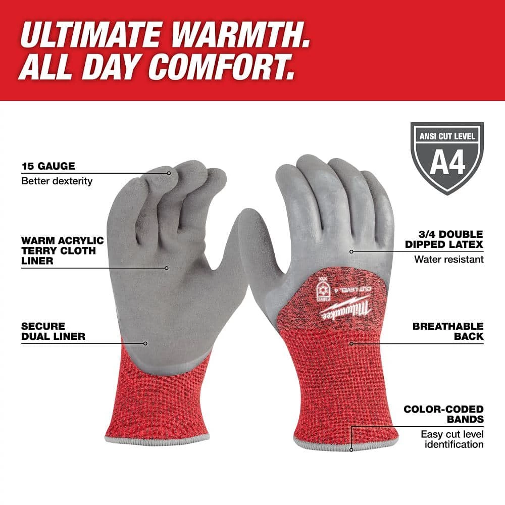 Milwaukee Large Gray Latex Level 4 Cut Resistant Insulated Winter Dipped Work Gloves 2 Milwaukee Large Gray Latex Level 4 Cut Resistant Insulated Winter Dipped Work Gloves - Image 2